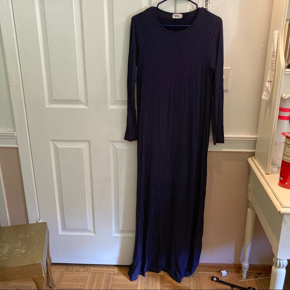 Maxi dress navy with white dots crew neck long sleeve
